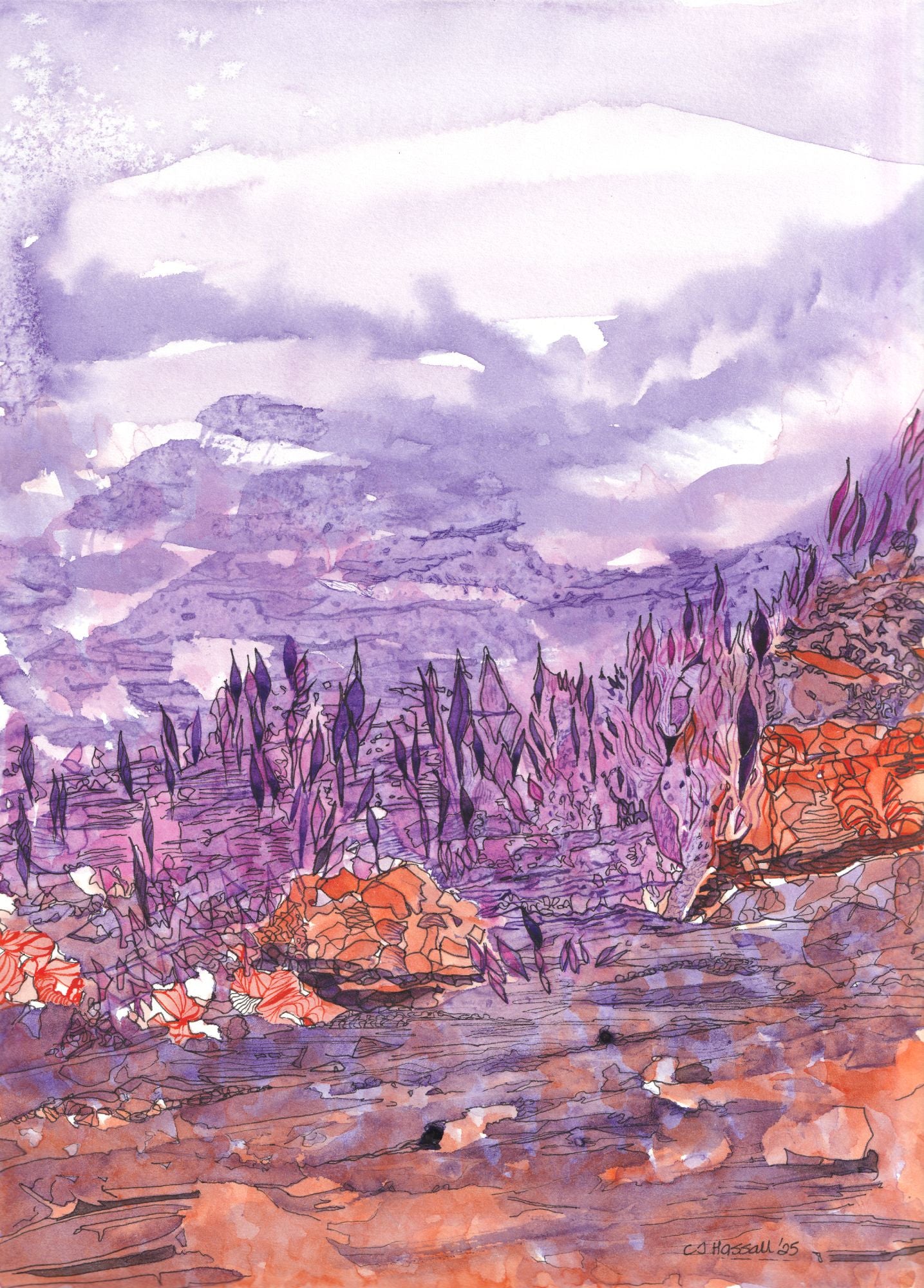 Scorched - fantastical landscape in purples and oranges depicted an arid sere world by CJ Hassall
