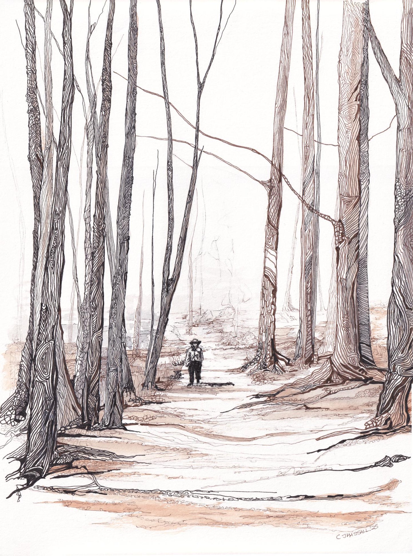 Stepping into Focus - an ink drawing with watercolor wash of a man emerging into focus on a woodland trail by CJ Hassall