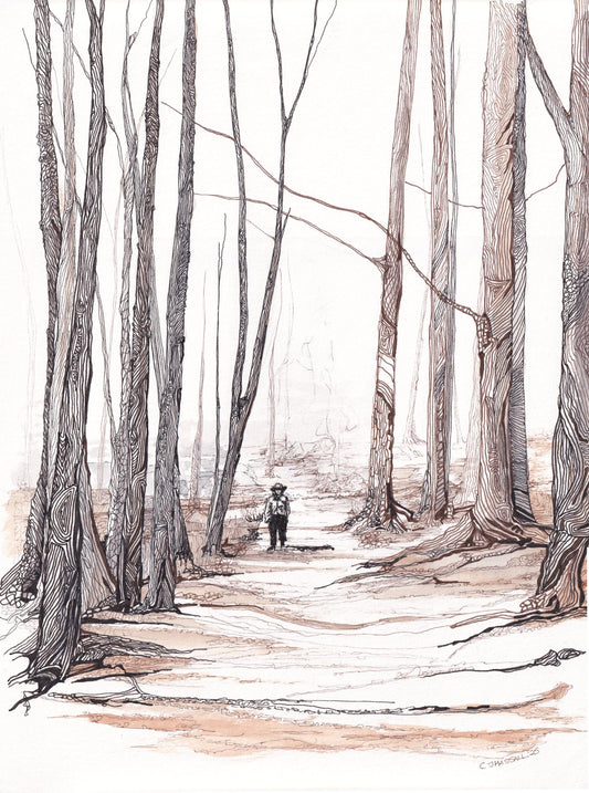 Stepping into Focus - an ink drawing with watercolor wash of a man emerging into focus on a woodland trail by CJ Hassall