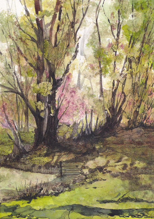 Original watercolor and ink painting of a back lit forest with pink blossoms and whimsical pathway by CJ Hassall