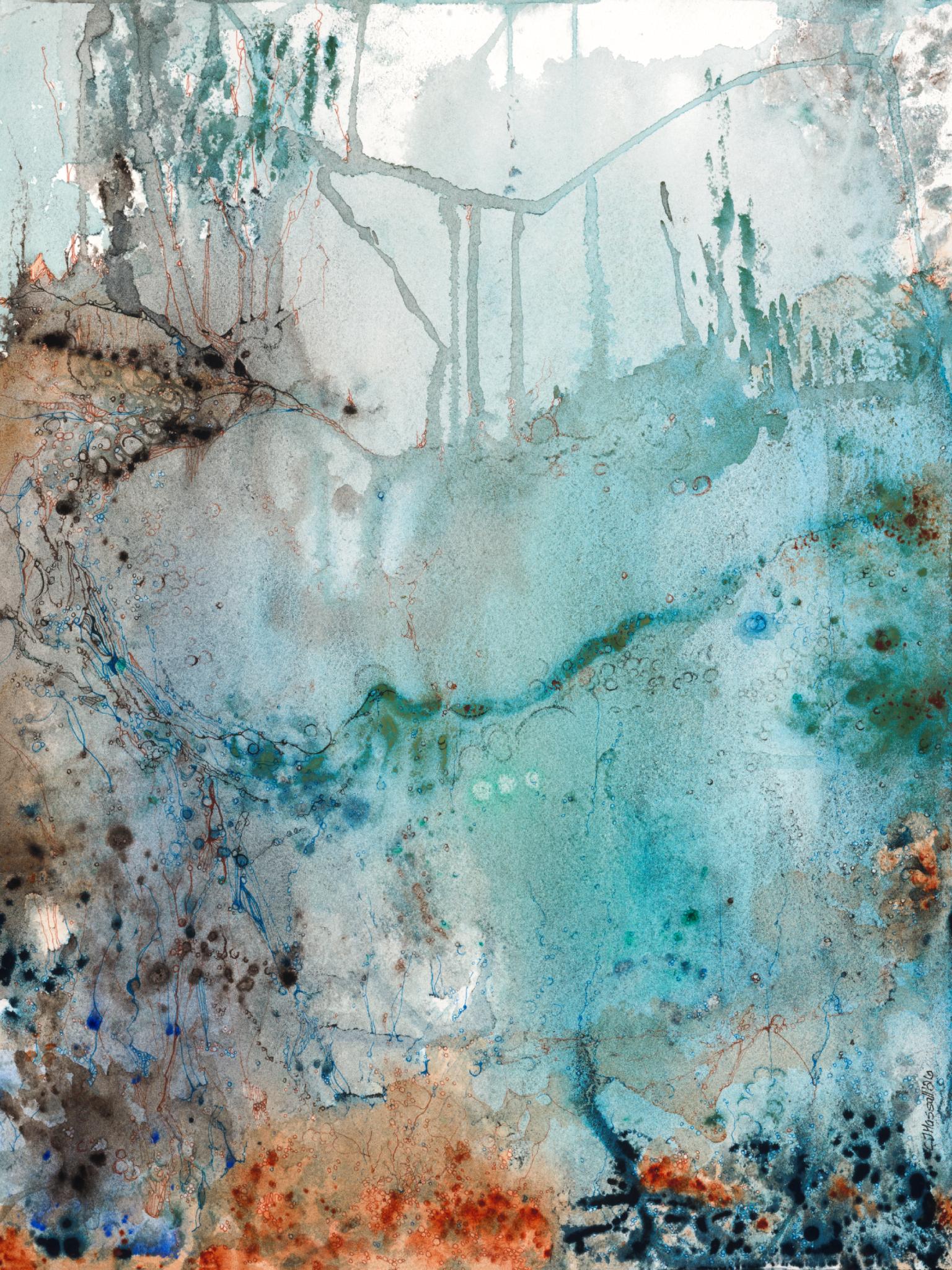 Surfacing — original watercolor and ink painting by CJ Hassall, 12x16 inches, 2026