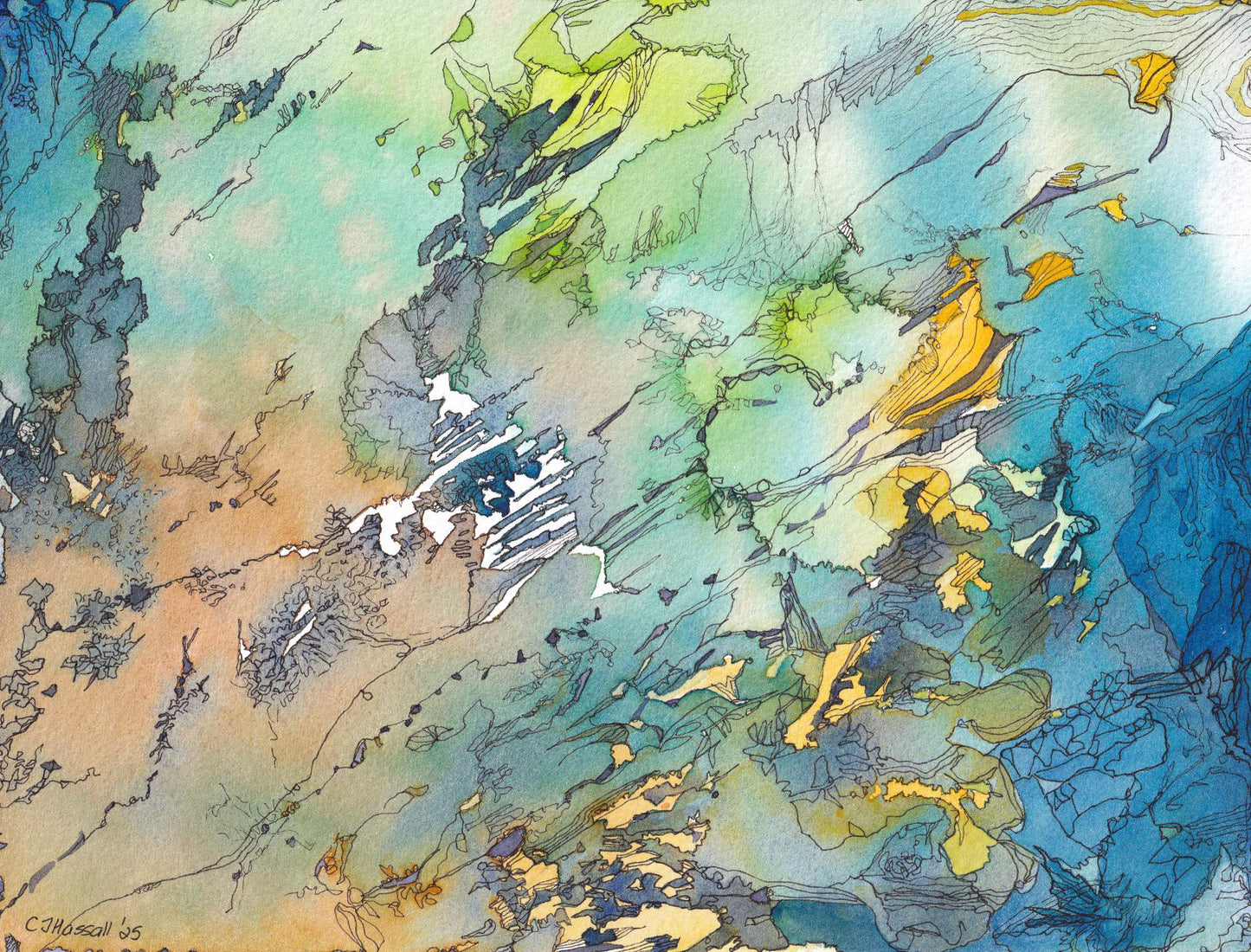Through the Canopy - abstract watercolor and ink in russets, blues, teals and lime greens by CJ Hassall