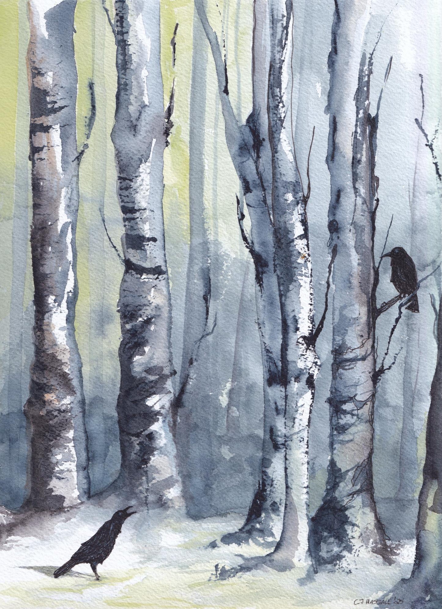 Turf War - a fun watercolor and in depiction of two crows arguing about territory in a winter woodland by CJ Hassall
