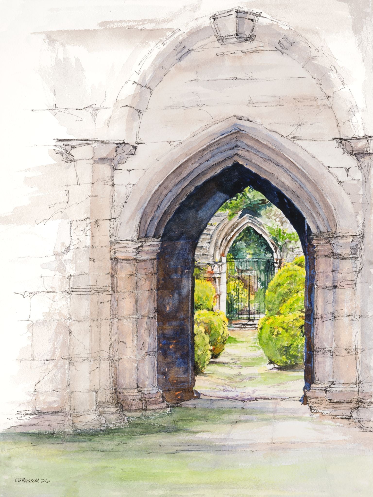 Wenlock Priory - original watercolor and ink painting of the historic priory by CJ Hassall