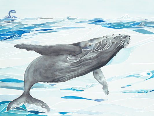 Whale of a Time — watercolor painting of a whale in cool blues and rhythmic ocean shapes by CJ Hassall